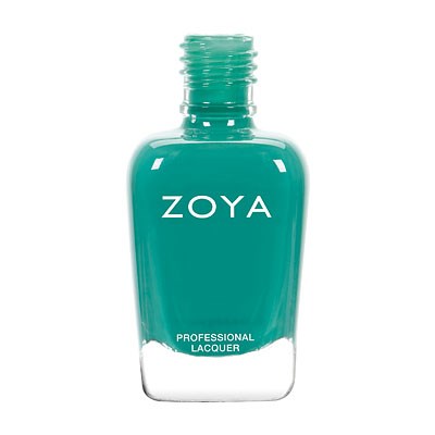 Eine türkisblaue Nagellackflasche mit weißen Text: 'ZOYA' und 'PROFESSIONAL LACQUER'.