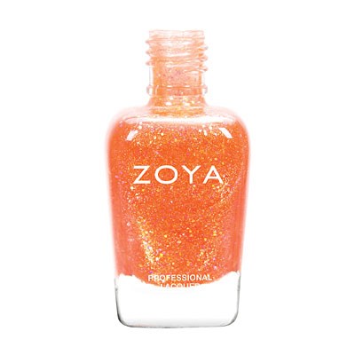 Eine Flasche orangefarbenen Nagellacks mit Glitzer, beschriftet 'ZOYA', und einer klaren Basis. Kleine funkelnde Partikel sind sichtbar.