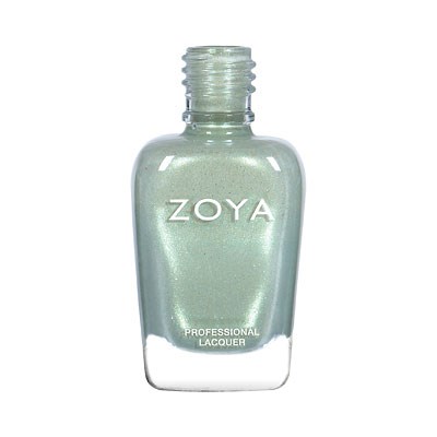 En flaska av Zoya nagellack i en ljus, skimrande grön nyans med ett genomskinligt lock. Flaskan har varumärket och beskrivningen.