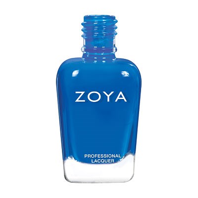 Eine blaue Nagellackflasche mit dem Markennamen ZOYA und den Worten Professional Lacquer.
