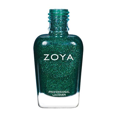Grüne glitzernde Nagellackflasche mit Aufschrift ZOYA, darunter steht 'PROFESSIONAL LACQUER'.