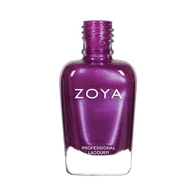 Eine lila Zoya Nagellackflasche mit klarem Boden und lila Lack innen.