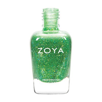 Eine grüne Nagellackflasche mit Glitzer, gekennzeichnet 'ZOYA PROfessional Lacquers'.