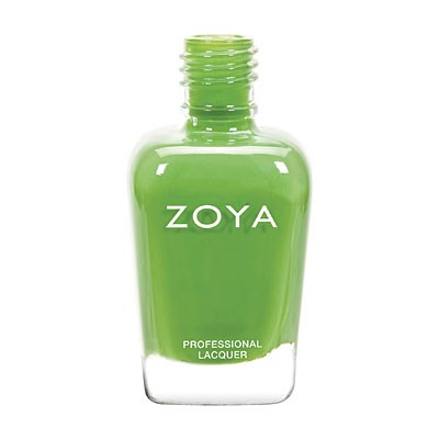 Eine grüne Nagellackflasche mit dem Wort 'ZOYA' darauf, als professioneller Lack gekennzeichnet.