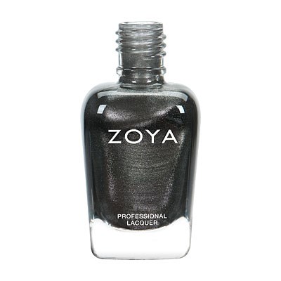 Eine Flasche dunkler grauer Nagellack mit der Aufschrift 'ZOYA' und 'PROFESSIONAL LACQUER'.