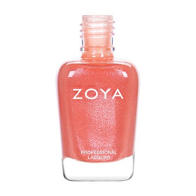 Eine korallenfarbene Nagellackflasche mit dem Markennamen 'ZOYA' und 'PROFESSIONAL LACQUER'.