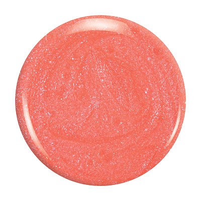 Ein runder, pink-oranger Glitzer-Nagellack mit glänzendem Finish.