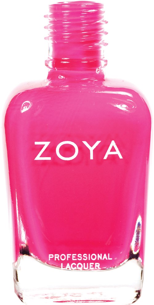 Ljus rosa nagellackflaska med vitt text som säger ZOYA, professionell lack.