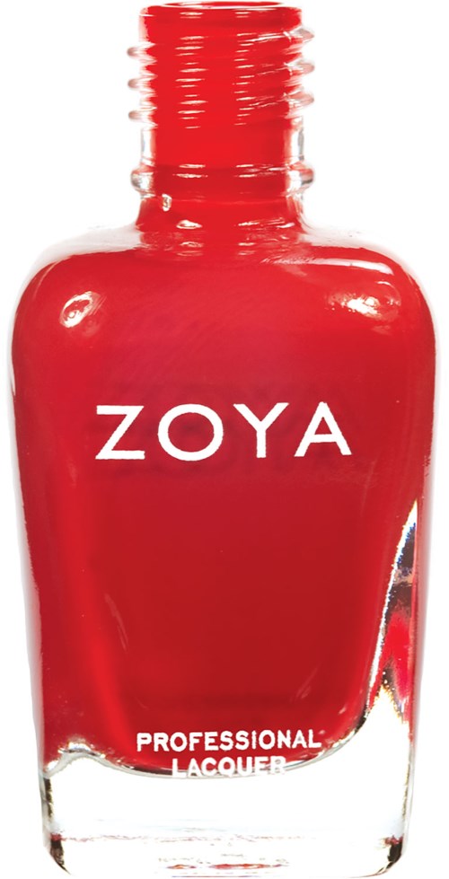 En röd nagellackflaska märkt 'ZOYA' med en tydlig botten och vit text.