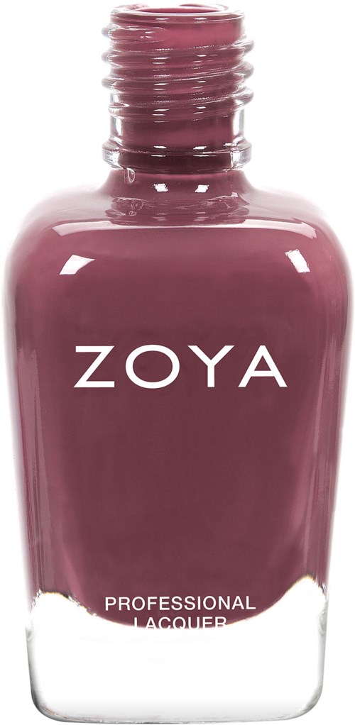 En burk med Zoya nagellack i en mauvefärg med en silverlock.