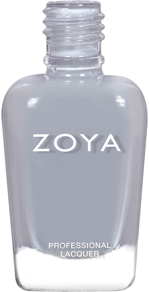 En tydlig flaska märkt 'ZOYA' med 'PROFESSIONAL LACQUER' längst ner, innehållande ljusgrå nagellack.