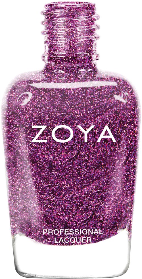 Rosa glitter nagellacksflaska med märket Zoya och orden Professionell Lack.
