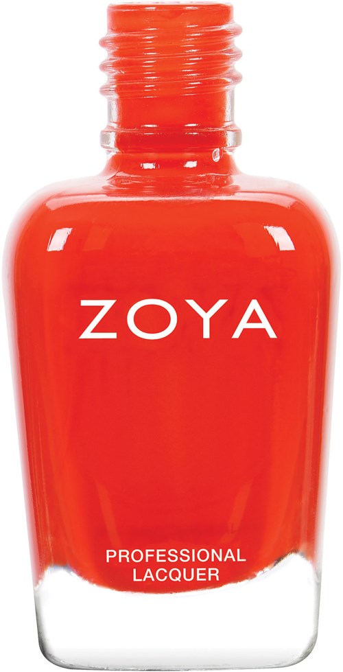 En ljus röd flaska av Zoya professionell nagellack med vit etikett. Ytterskaftet är också rött. Den nedre delen är genomskinlig.
