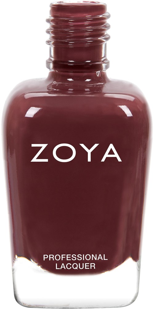 En brun nagellackflaska med en vit etikett som säger "ZOYA PROFFESIONAL LACQUER".