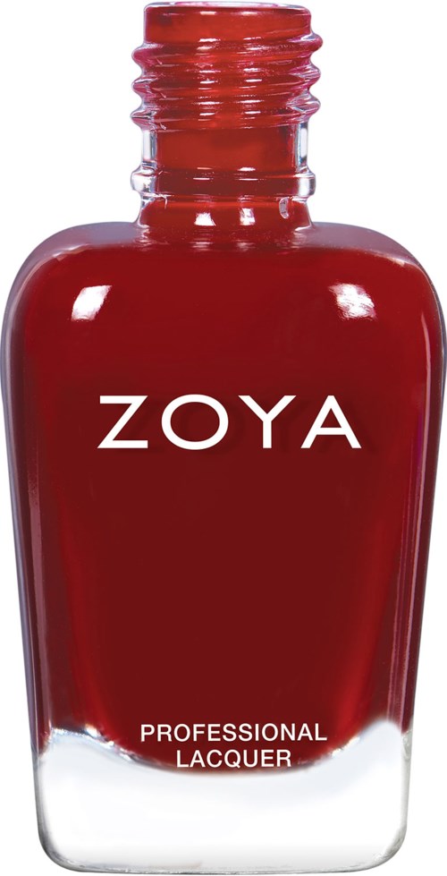 Röd nagellackflaska märkt 'ZOYA' och 'PROFESSIONAL LACQUER'.