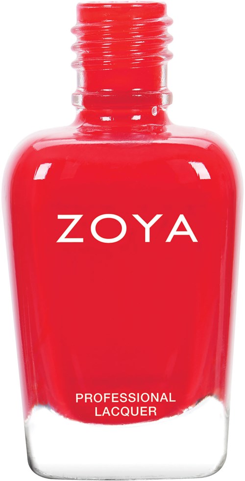 En röd nagellackflaska med vit text, märkt 'ZOYA' och 'PROFESSIONAL LACQUER'.