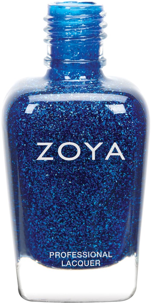 En blå nagellackflaska märkt Zoya, professionell nagellack, med glitter i.