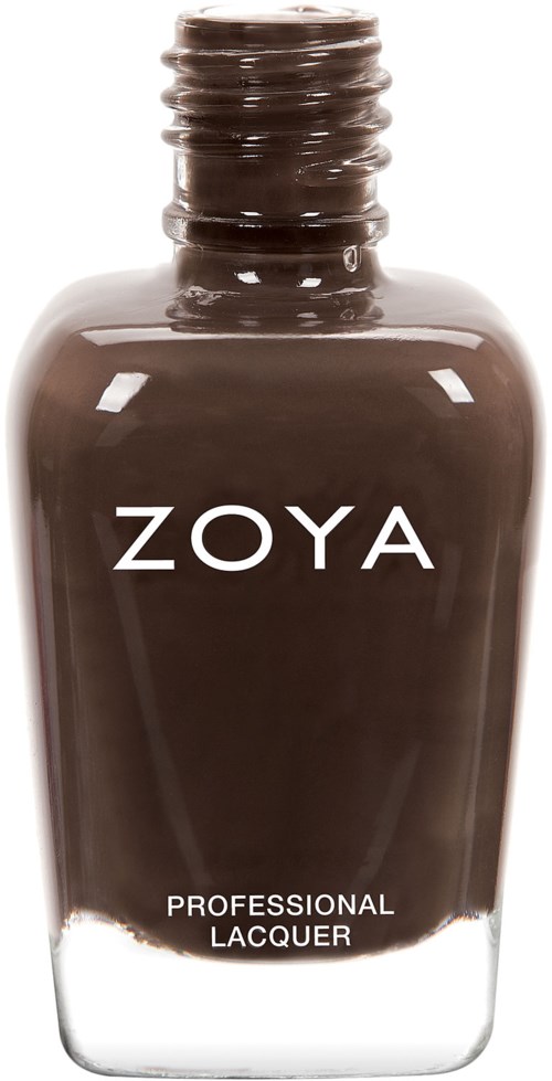 En brun nagellacksflaska med vit etikett som säger 'ZOYA' och 'PROFESSIONAL LACQUER'.