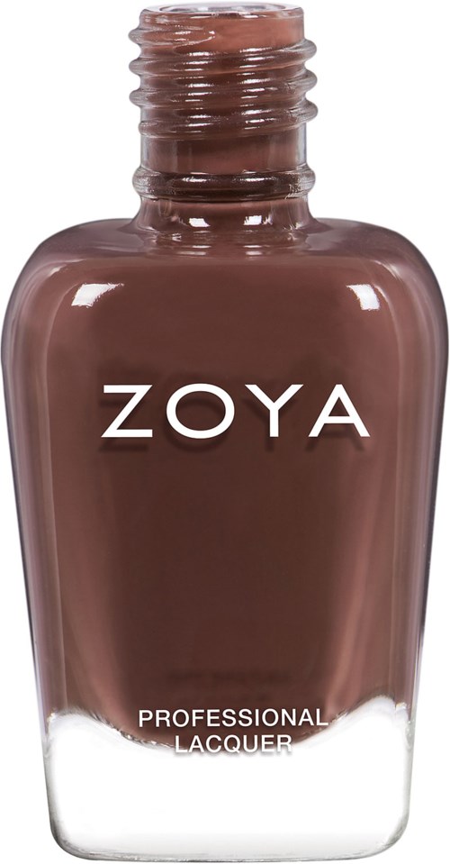 En brun nagellackflaska med vitt text, märkt ZOYA, som säger 'Professional Lacquer'.