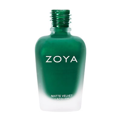 Eine grüne Flasche mit Zoya Matten Velvet-Lack, Schraubverschluss und weißem Text.