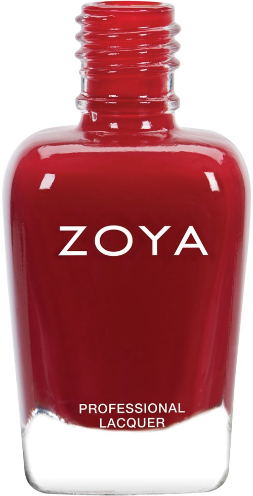 En röd nagellackflaska med märket Zoya och orden "Professional Lacquer".
