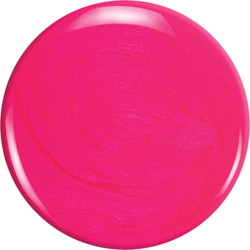 Ett ljust rosa, glänsande, runt föremål med en slät yta och ett svagt virvlande mönster.