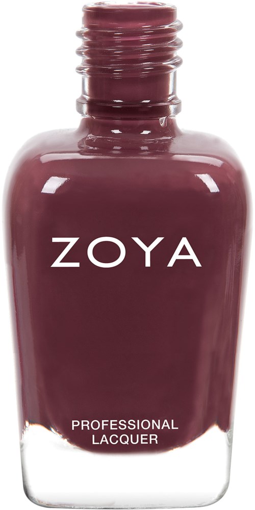 En mörkröd Zoya nagellackflaska med enkel design och vitt text, märkt 'Professional Lacquer.'