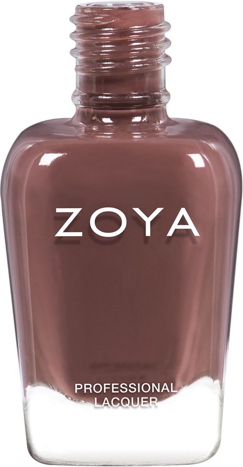 En rosa-brun nagellackflaska märkt ZOYA, med ett klart lock, står upprätt.