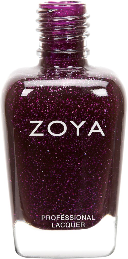 En flaska med Zoya-nagellack med lila glitter i och en klar glasbehållare.