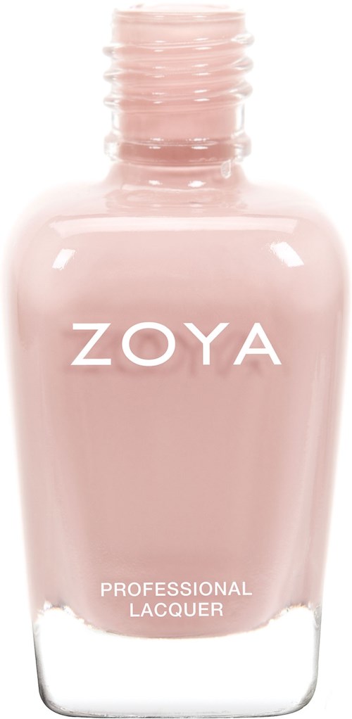 En ljusrosa flaska märkt ZOYA med vit kork och orden 'Professional Lacquer'.