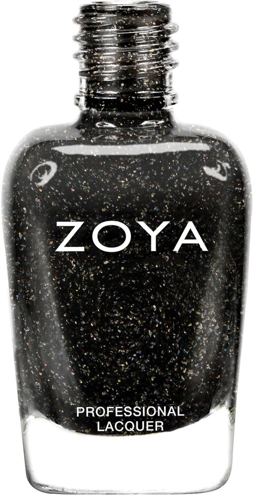 Svart nagellack med glitter, märkt ZOYA, för professionellt bruk.