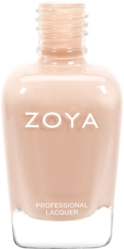 En beige nagellacksflaska med varumärket 'ZOYA' och 'PROFESSIONAL LACQUER' skrivet på den.