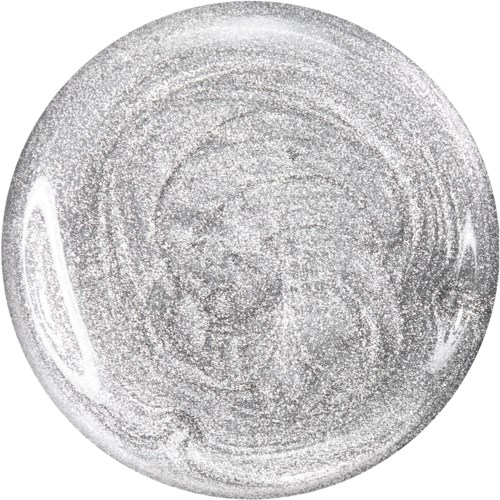 En silverfärgad, cirkulär, texturerad sak med koncentriska ringar och glänsande yta.