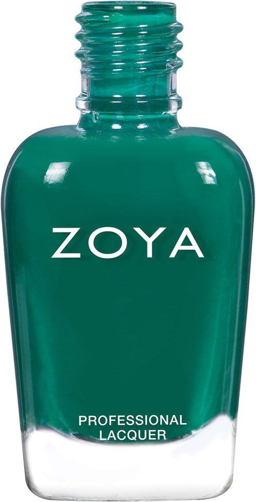 En turkosfärgad flaska av Zoya professionell lack med delvis genomskinlig botten.