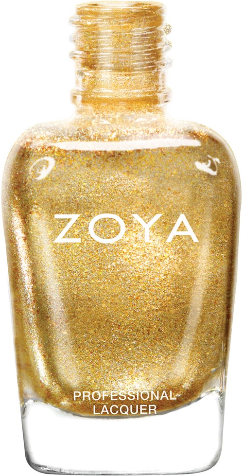 En nagellackflaska i guld med etiketten ZOYA, glänsande med glitter och med vit kork.