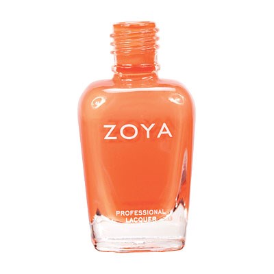Eine klare Glassflasche mit orangefarbenem Nagellack und weißem Etikett mit "ZOYA" und "Professional Lacquer."