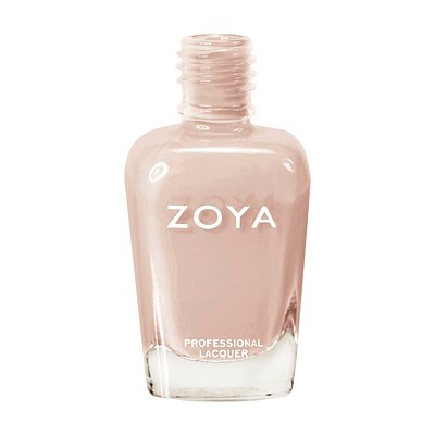 Eine klare Glaspflasche mit hellrosa Nagellack von Zoya, beschriftet 'Professional Lacquer'.