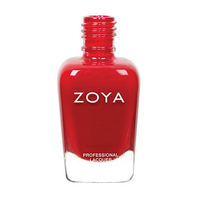 Eine rote Flasche Zoya Nagellack mit einem weißen Etikett, das "PROFESSIONAL LACQUER" sagt.