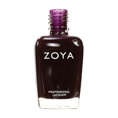 Eine Flasche Zoya Professionell Nagellack, dunkelviolette Farbe mit glänzendem Deckel.