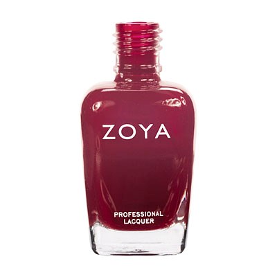 Eine rote Nagellackflasche mit den Aufschriften 'Zoya' und 'Professional Lacquer' und klarem Glasboden.