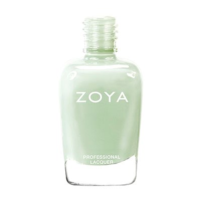 Eine hellgrüne Nagellackflasche mit weißem Deckel und den Worten "ZOYA" und "PROFESSIONAL LACQUER".