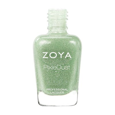 Eine klare Nagellackflasche mit glitterartigem, hellgrünem Nagellack innen.