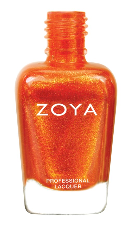 En orange nagellackflaska med guldglitter, märkt ZOYA och Professional Lacquer.