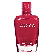 En röd nagellackflaska märkt 'ZOYA' och 'Professional Lacquer', med glänsande yta och enkel design.