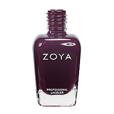 En mörklila nagellackflaska med "ZOYA" och "PROFESSIONAL LACQUER" skrivet på.