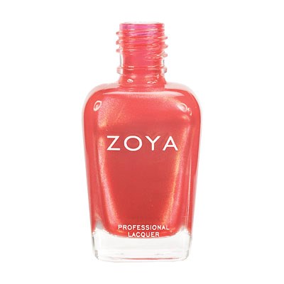 En flaska Zoya professionell lacknagellack, rosa färg, utan kork, visar öppningen.
