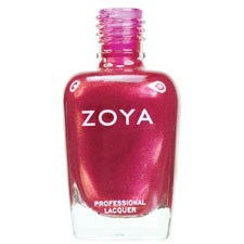 En rosa glasflaska med nagellack och rosa lock, märkt "ZOYA" och "PROFESSIONAL LACQUER."