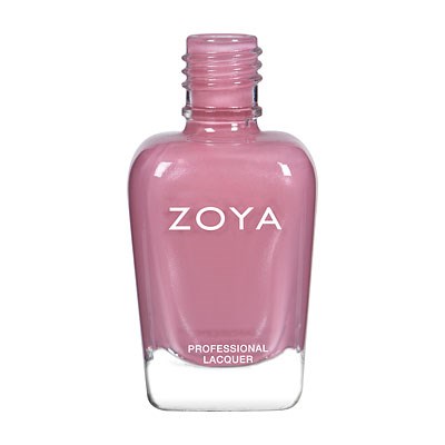 Rosa Zoya nagellackflaska med vitt text, öppen kork och mjukt kurvad form.