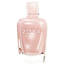 En flaska med Zoya rosa nagellack med tydligt glas och vit etikett.