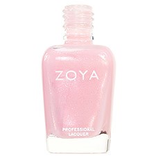 Pink Zoya nagellacksflaska med vitt och rosa glitter. Liten nagellackslock. Enkel design.